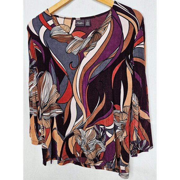 Chicos Travelers Abstract Floral Print Tunic Top Size 1 Multicolor Stretch Knit - Picture 2 of 6